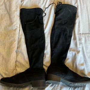 Tall black boots low heel
